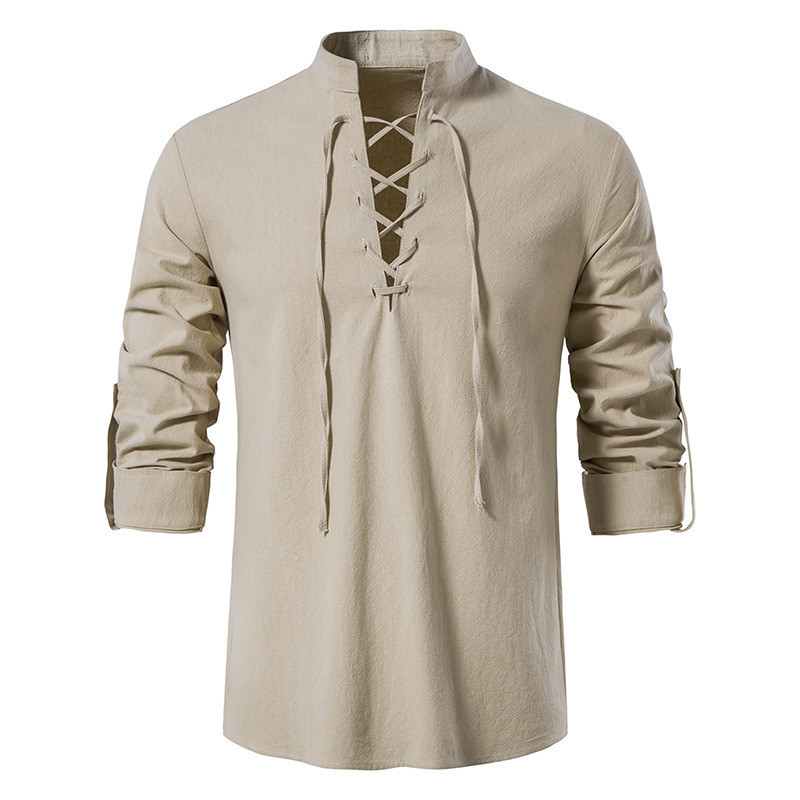 Men's Medieval Lace Up Cotton  - огляд і ціна Mens Linen Shirt Long Sleeve