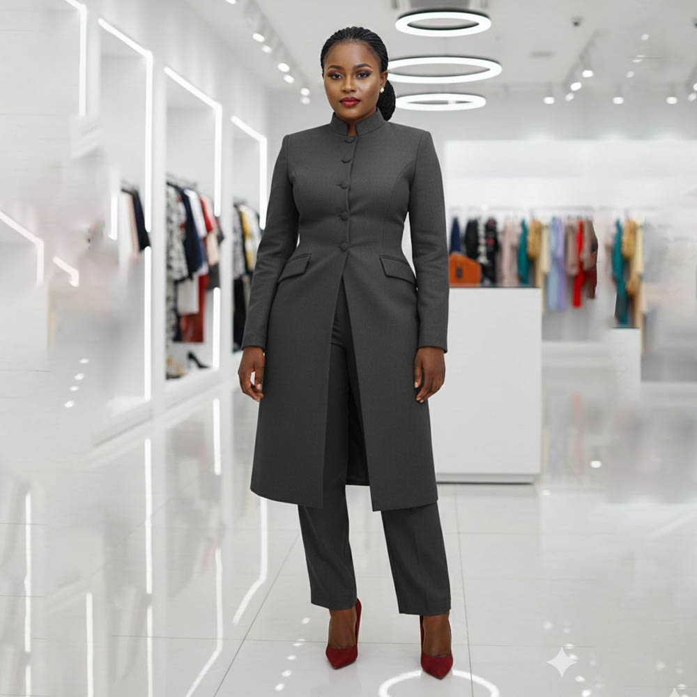 Women's Two Piece Suit Chic Ma - огляд і ціна Mandarin Collar Formal Shirt Slim Fit