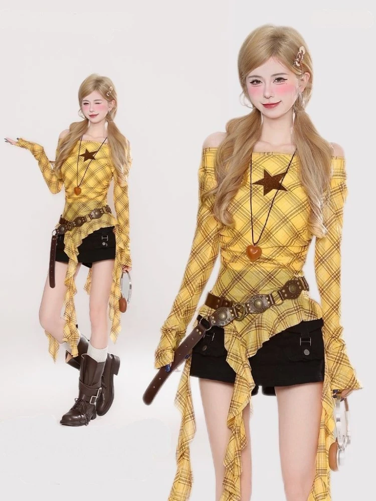 Y2K Plaid Slash Neck Vintage T - огляд і ціна Shirts