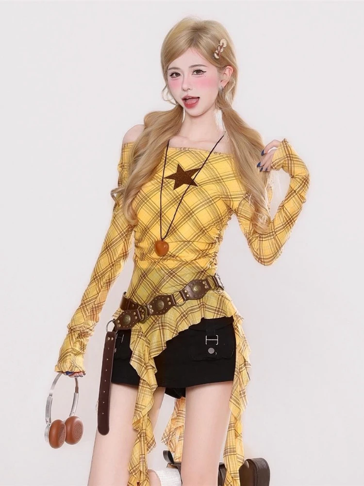 Y2K Plaid Slash Neck Vintage T - огляд і ціна Shirts
