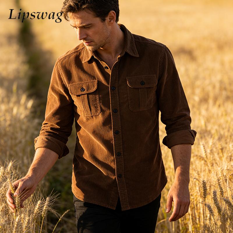 Vintage Solid Color Corduroy S - огляд і ціна Corduroy Button Up Shirt Men