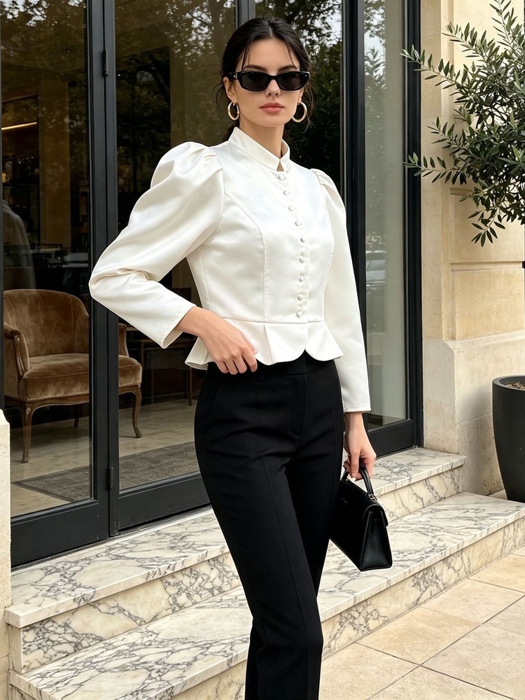 Peplum Blouse Long Sleeve Puff - огляд і ціна Mandarin Collar Formal Shirt Slim Fit