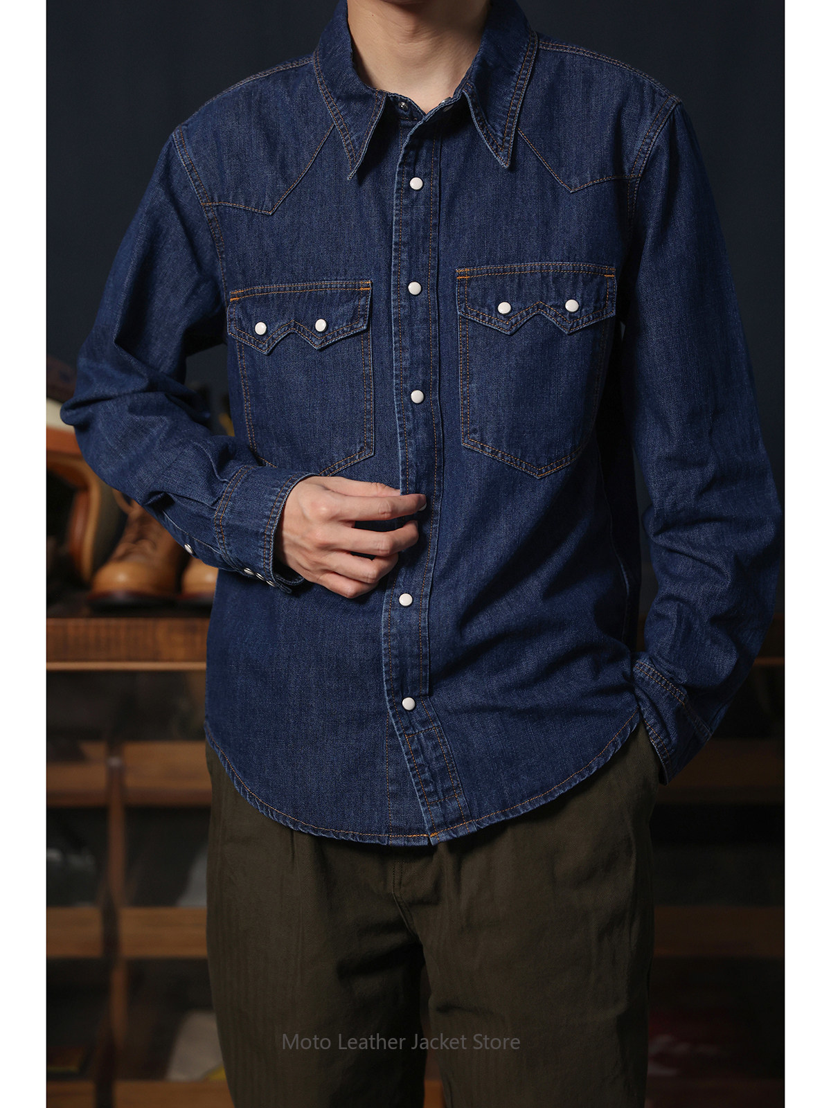 American Retro Western Denim S - огляд і ціна Mens Western Denim Pearl Snap Shirt